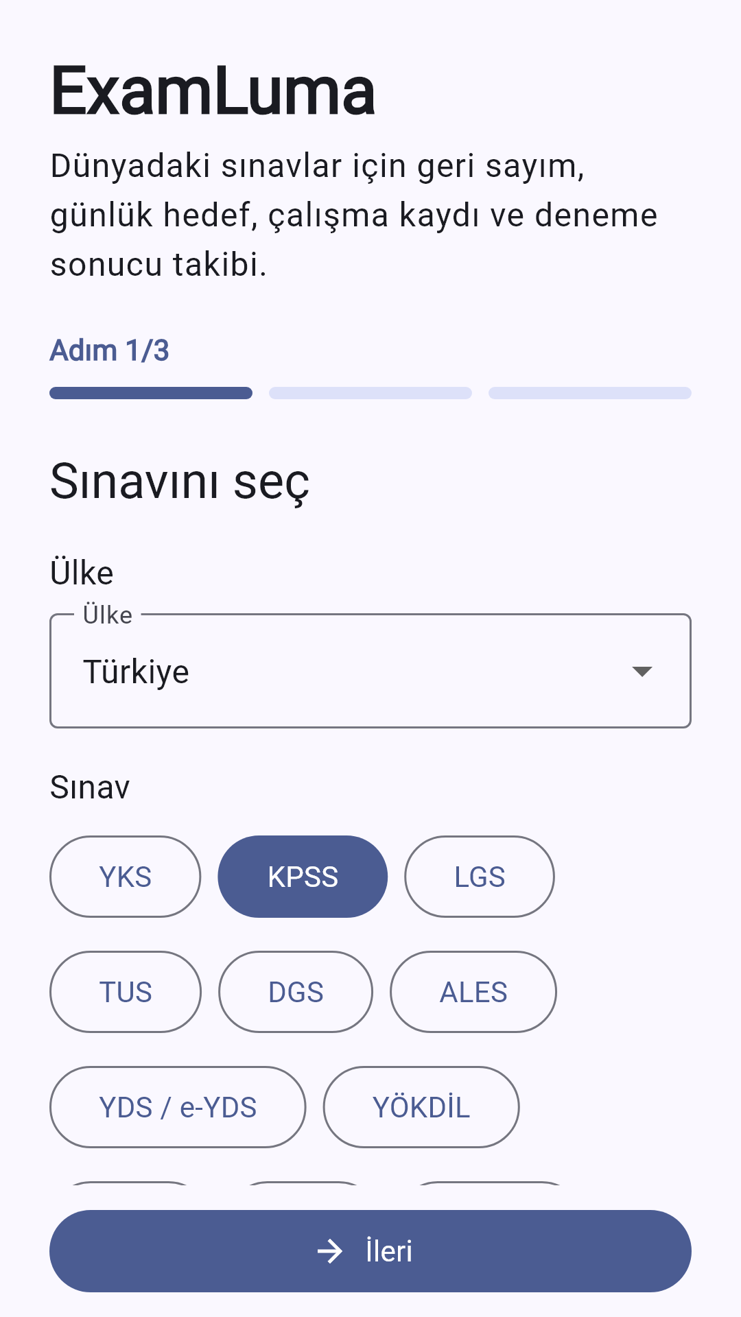 ExamLuma uygulamasında ülke ve sınav seçimi