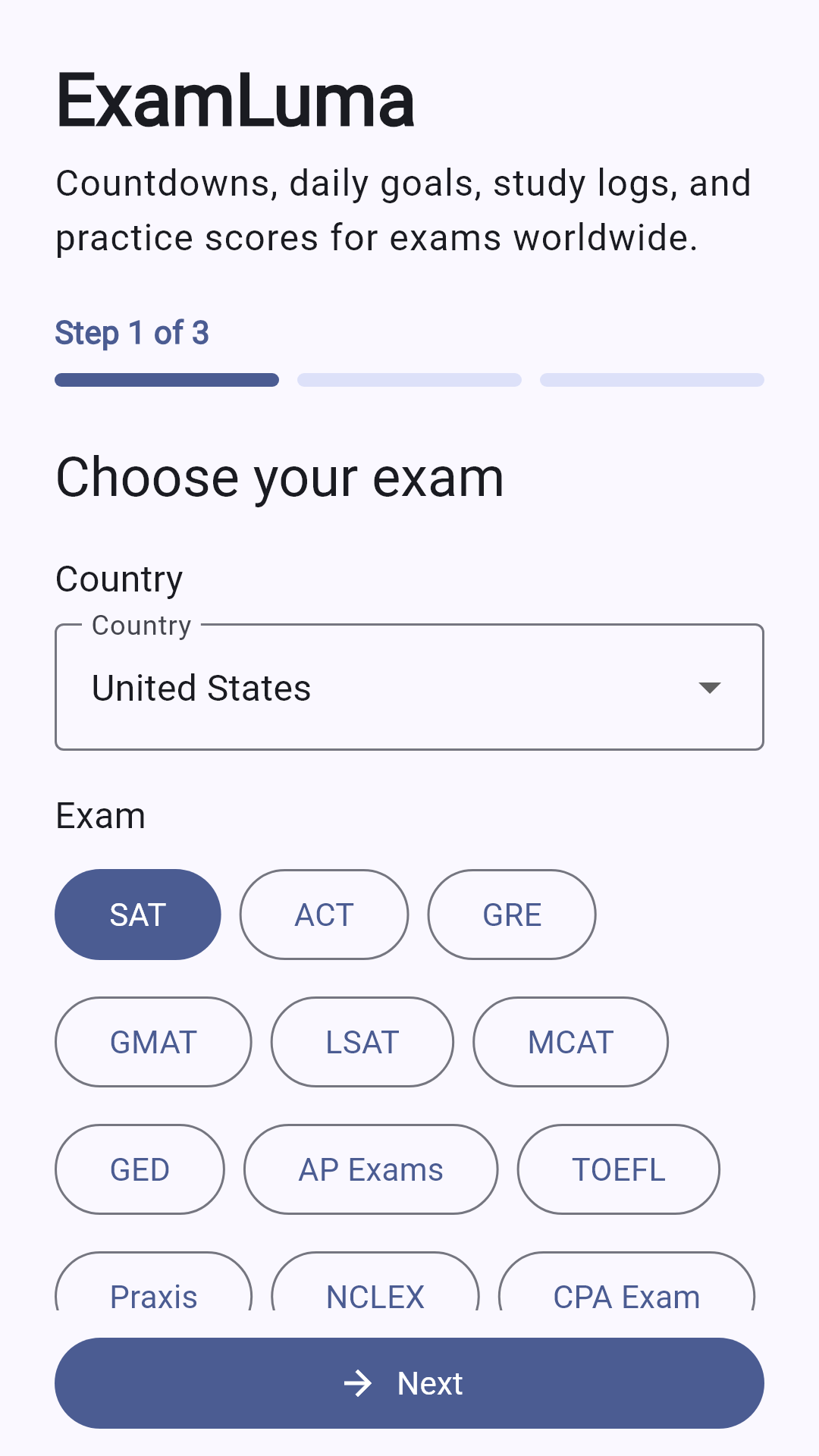 Country and exam selection in ExamLuma