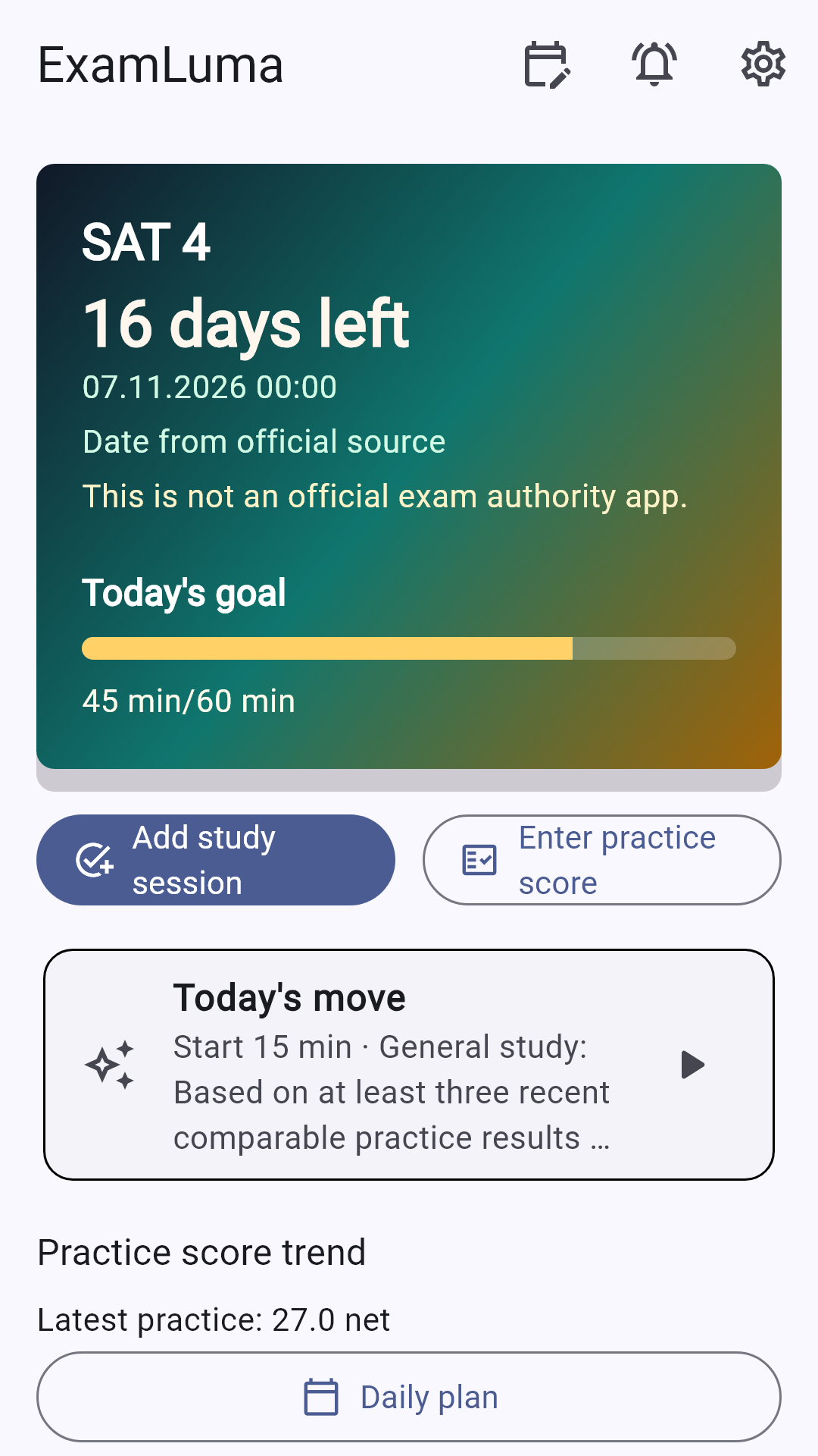 ExamLuma dashboard showing exam countdown and today's study goal progress