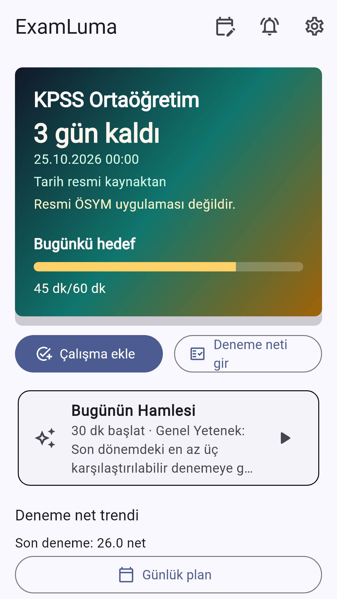 Geri sayım ve günlük çalışma hedefini gösteren ana ekran