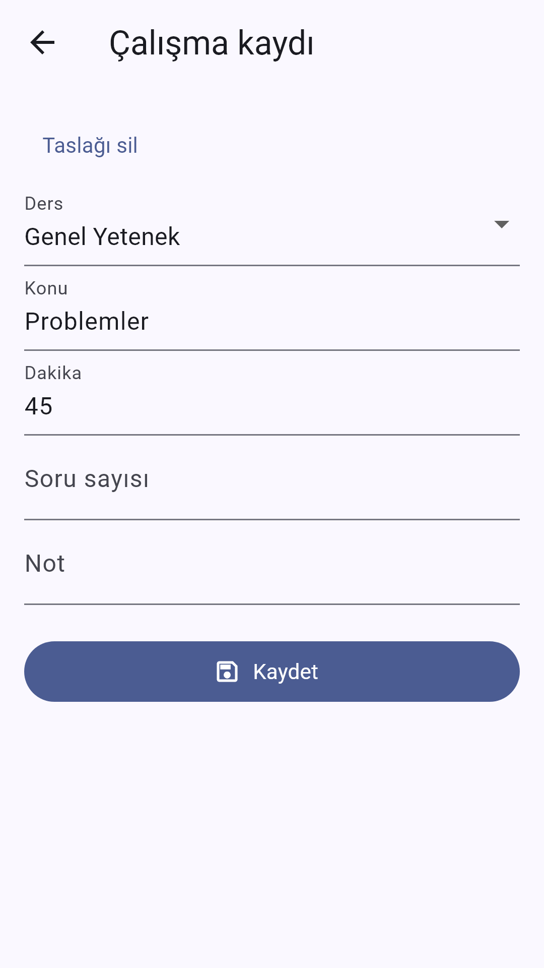 Ders, konu, çalışma süresi ve soru sayısı alanlarını gösteren çalışma kaydı