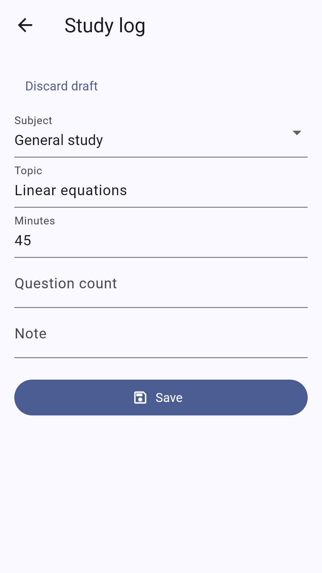 ExamLuma study log with subject, topic, minutes, and question-count fields