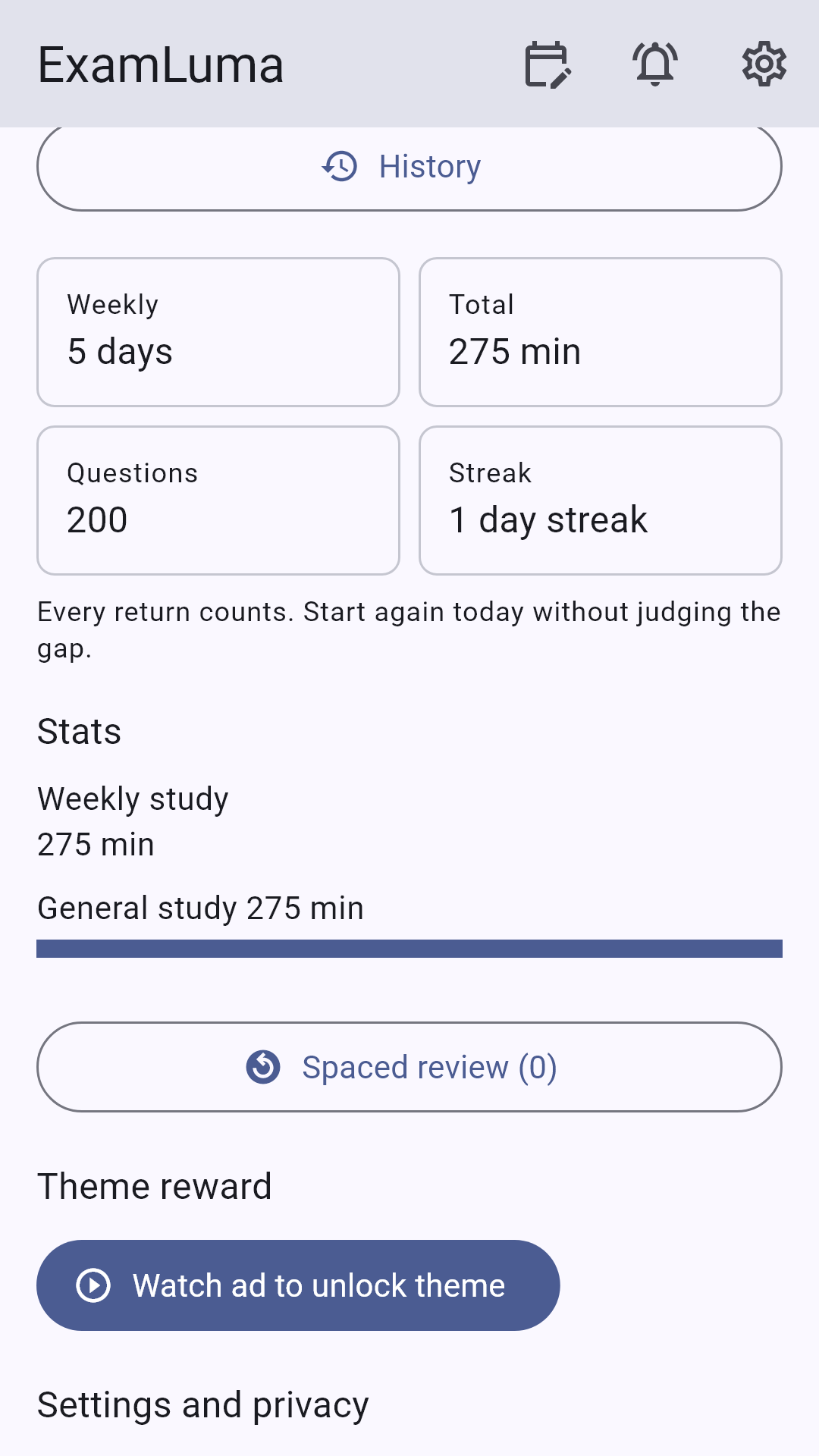 Weekly study time, question totals, and subject distribution in ExamLuma